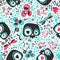 Beautiful seamless pattern with cute cartoon heart-eyed skeleton skulls, turquoise and pink meadow flowers, butterflies