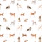 Beautiful seamless pattern with cute watercolor hand drawn dog breeds Cocker spaniel Greyhound Basset hound Poodle