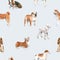 Beautiful seamless pattern with cute watercolor hand drawn dog breeds Cocker spaniel Greyhound Basset hound Poodle