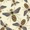 Beautiful seamless pattern of flying bees shiny gold and black print with precious rhinestones, embroidery and jewelry.