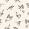 Beautiful seamless pattern with flying and sitting sparrows on light background. Backdrop with cute small city bird