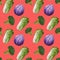 Beautiful seamless pattern with gouache hand drawn cabage on coral background. Stock illustration. Healthy food painting for