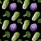 Beautiful seamless pattern with gouache hand drawn cabages on black background. Stock illustration. Healthy food