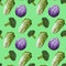 Beautiful seamless pattern with gouache hand drawn cabages on light green background. Stock illustration. Healthy food painting