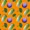 Beautiful seamless pattern with gouache hand drawn cabages on orange. Stock illustration. Healthy food painting for