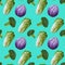 Beautiful seamless pattern with gouache hand drawn cabages on turquoise background. Stock illustration. Healthy food painting for