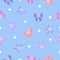 Beautiful seamless pattern made of pink, blue, purple ribbon bows and white hearts on pink background.