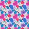 Beautiful seamless pattern of medium purple, frostbite, radical red color hibiscus flower, bright navy blue, caribbean green