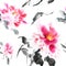 Beautiful seamless pattern with pink peonies painted with ink in Japanese style. Wallpaper with watercolor flowers on