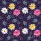 Beautiful seamless pattern with poppy, daisy, marigold flowers and leaves on dark purple background. Fashionable print for fabric