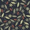 Beautiful seamless pattern with red berries, green flowers and l