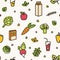 Beautiful seamless pattern with various delicious vegetables and healthy products. Backdrop with organic wholesome food