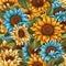 Beautiful seamless pattern with vibrant sunflowers in various sizes and stunning colors