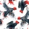 Beautiful seamless pattern with watercolor black roosters. Stock illustration.