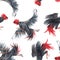 Beautiful seamless pattern with watercolor black roosters. Stock illustration.