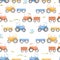 Beautiful seamless pattern with watercolor colorful tractors. Stock illustration.