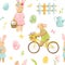 Beautiful seamless pattern with watercolor cute bunny boy on bike with basket of flowers and rabbit girl.