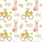 Beautiful seamless pattern with watercolor cute bunny boy on bike with basket of flowers and rabbit girl.