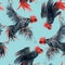 Beautiful seamless pattern with watercolor fighting black roosters. Stock illustration.