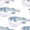 Beautiful seamless pattern with watercolor globe fish. Stock illustration.