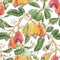 Beautiful seamless pattern with watercolor hand drawn branches with colorful cashew nuts small flowers and green leaves
