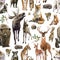 Beautiful seamless pattern with watercolor hand drawn forest wild deer elk lynx fox wolf snake rabbit squirrel animals