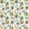 Beautiful seamless pattern with watercolor tropical palms and jungle animal tiger elephant giraffe. Stock illustration.