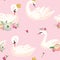 Beautiful Seamless Pattern with white Swans with Crowns and Flowers, use for Baby Background, Textile Prints, Covers