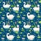 Beautiful Seamless Pattern with white Swans and Water Lillies, use for Baby Background, Textile Prints, Covers