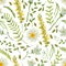 Beautiful seamless pattern with wildflowers, herbs and leaves on white