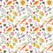 Beautiful seamless summer pattern with watercolor flowers and lemon pear orange mango fruits. Stock illustration.