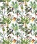 Beautiful seamless tropical floral pattern with hand drawn watercolor exotic jungle palm trees and animals. Toucan