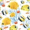 Beautiful seamless underwater pattern with cute watercolor colorful fish. Stock illustration.