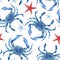 Beautiful seamless underwater pattern with watercolor blue crabs and starfish. Stock illustration.