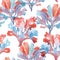 Beautiful seamless underwater pattern with watercolor sea life coral shell and starfish. Stock illustration.