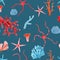 Beautiful seamless underwater pattern with watercolor starfish and corals. Stock illustration.