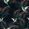 Beautiful seamless vector floral summer pattern background with hummingbird and bright palm leaves.