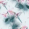 Beautiful seamless vector floral summer pattern background with hummingbird, tropical pink lilies flowers and palm leaves.