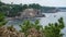 Beautiful seascape with high rocky coast and coniferous forest on the South Korean island of Jeju