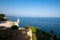 Beautiful seascape in Monaco. Lush  trees on the waterfront