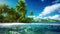 Beautiful seascape with palm trees and volcano on the background, Beautiful tropical island landscape view on a sunny day, AI
