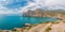 Beautiful seascape, panorama of cape Kapchik to the Galitsin Trail and blue bay of the Black Sea. Sudak, New World. Landscape of