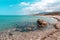 Beautiful seascape with a rocky beach and calm sea. Northern Cyprus nature background