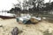 Beautiful seascape scenery of fisherman boat anchored on the sany beach