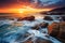 Beautiful seascape at sunset, foamy waves crashing against the rocks. Composition of nature