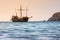 Beautiful seascape - view of morning sea with tourist sightseeing ship in the bay next to of ancient Phaselis, coast of the Medite