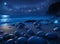 Beautiful seashore night view, starry sky, sparkling stones on the beach