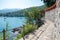 Beautiful seaside promenade from Opatija to Icici, Croatian landscape Kvarner Bucht, geranium flowers at the wall