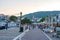 Beautiful seaside view by Skiathos port at sunset. Skiathos, Greece