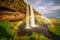 Beautiful Seljalandsfoss waterfall landmark. Generate ai